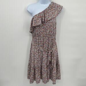 Heatherly Dusty Blue Floral One Shoulder Ruffle Detail Mini Dress Size Large